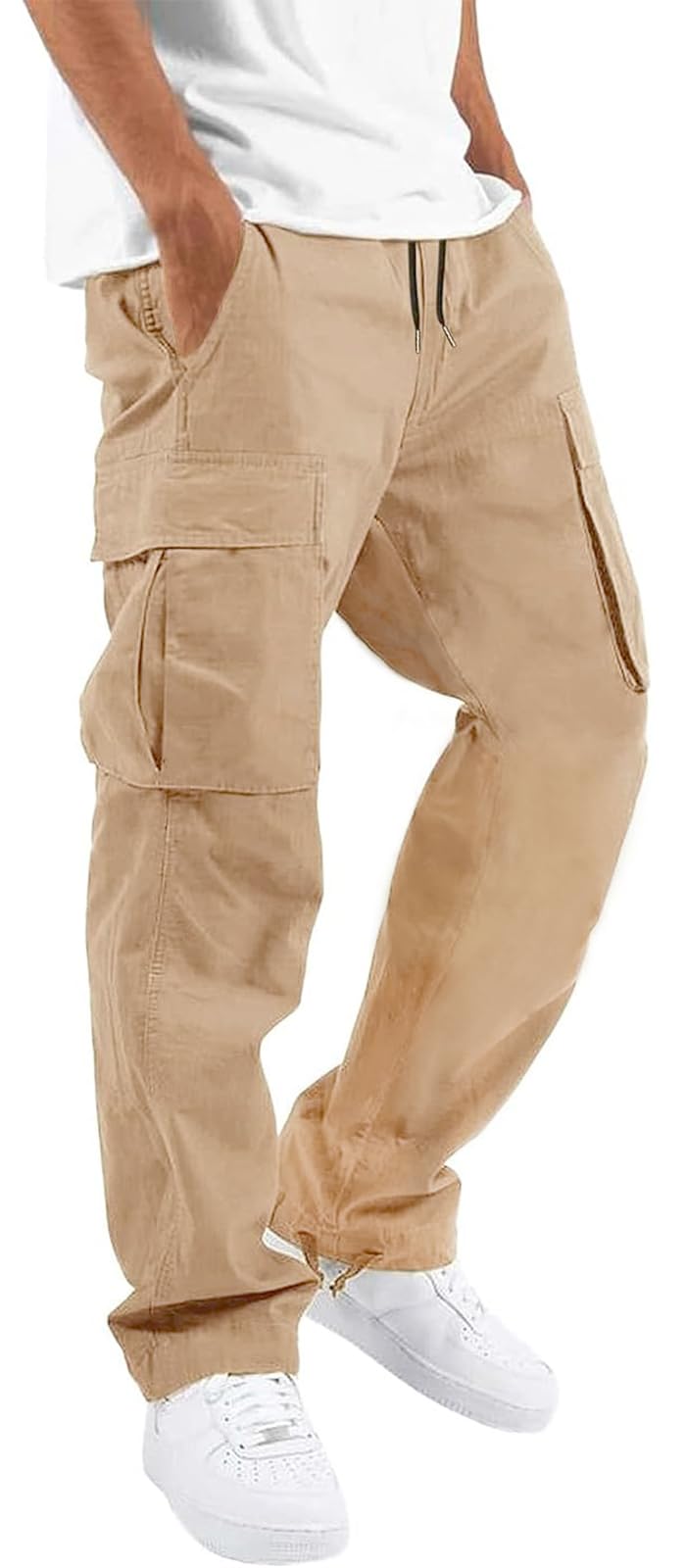 HUNGSON Mens Cargo Pants Drawstring Casual Hiking Pants Joggers Athletic Trousers Cotton Loose Straight Sweatpants for Men